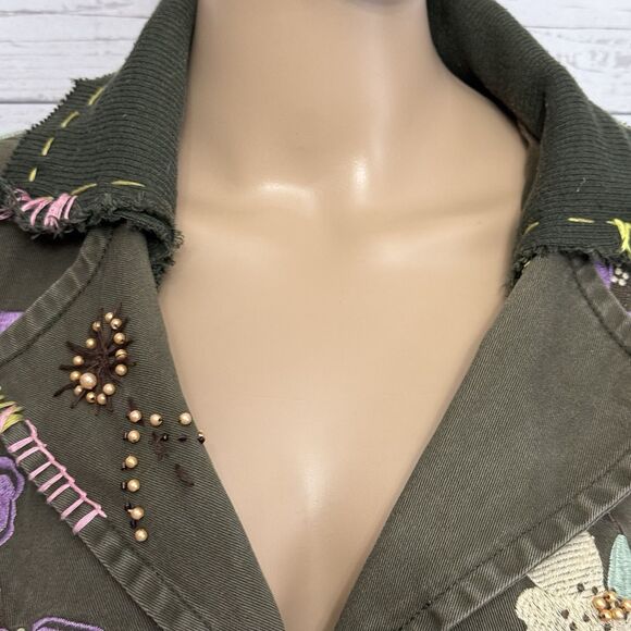 Rebbeca Thomson Embroidered Floral Jacket Medium Olive Green Unique Boho Casual - Picture 2 of 11